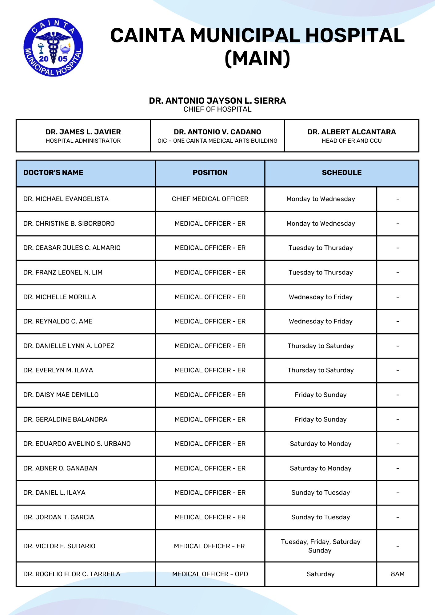 Doctors Schedule 1